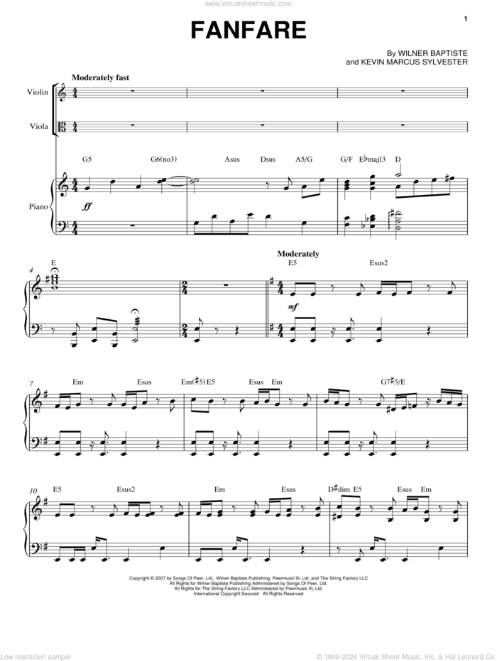 Fanfare sheet music for viola, violin and piano by Black Violin, Kevin Marcus Sylvester and Wilner Baptiste, intermediate skill level