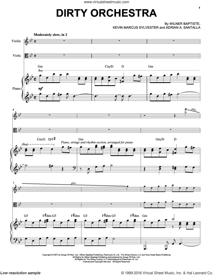 Dirty Orchestra sheet music for viola, violin and piano by Black Violin, Adrian A. Santalla, Kevin Marcus Sylvester and Wilner Baptiste, intermediate skill level