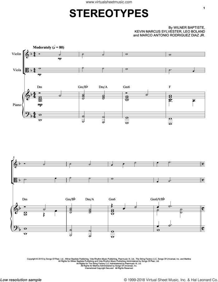 Stereotypes sheet music for viola, violin and piano by Black Violin, Kevin Marcus Sylvester, Leo Boland, Marco Antonio Rodriguez Diaz and Wilner Baptiste, intermediate skill level