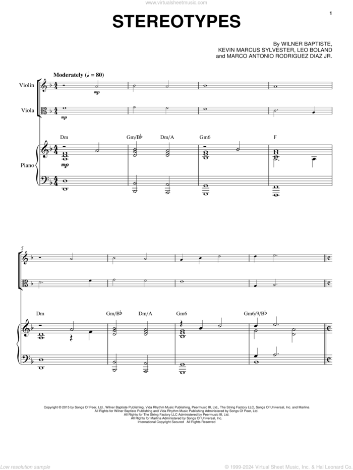 Stereotypes sheet music for viola, violin and piano by Black Violin, Kevin Marcus Sylvester, Leo Boland, Marco Antonio Rodriguez Diaz and Wilner Baptiste, intermediate skill level