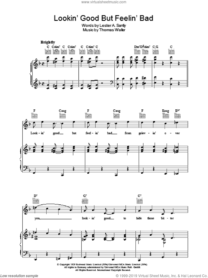 Lookin' Good But Feelin' Bad sheet music for voice, piano or guitar by Thomas Waller and Lester Santly, intermediate skill level