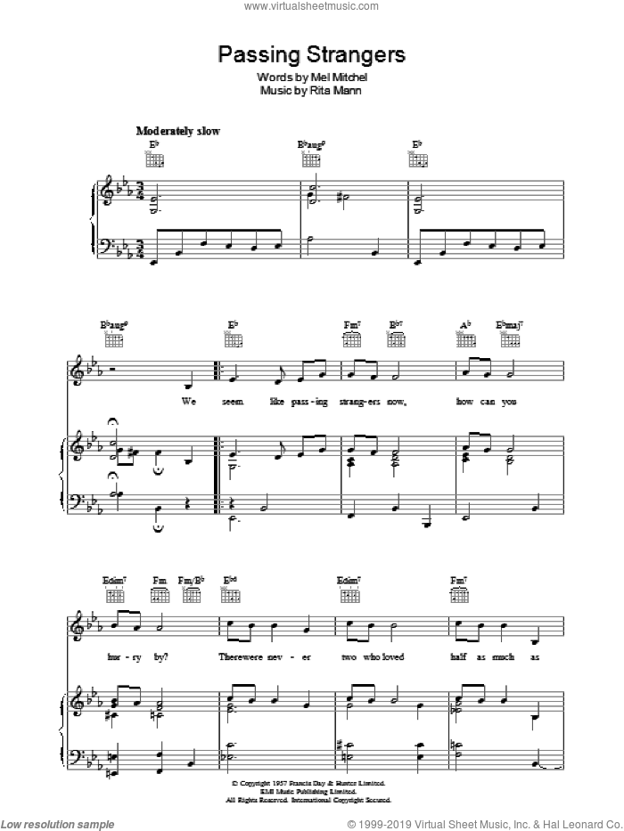 Passing Strangers sheet music for voice, piano or guitar by Rita Mann and Mel Mitchell, intermediate skill level