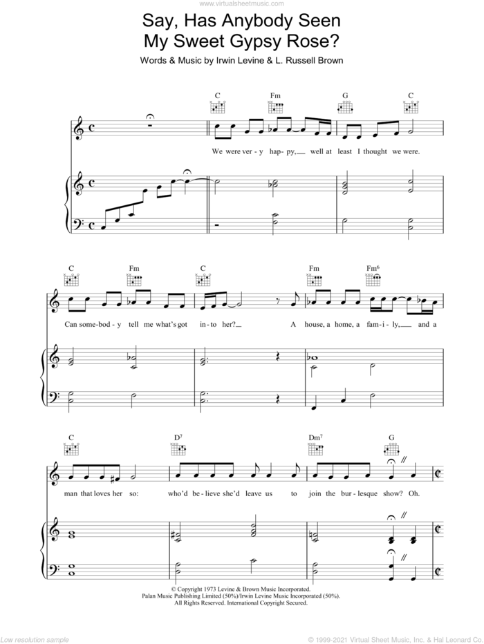 Say, Has Anybody Seen My Sweet Gypsy Rose? sheet music for voice, piano or guitar by Tony Orlando, Irwin Levine and L. Russell Brown, intermediate skill level