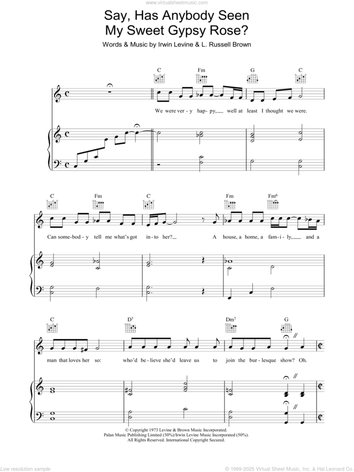 Say, Has Anybody Seen My Sweet Gypsy Rose? sheet music for voice, piano or guitar by Tony Orlando, Irwin Levine and L. Russell Brown, intermediate skill level