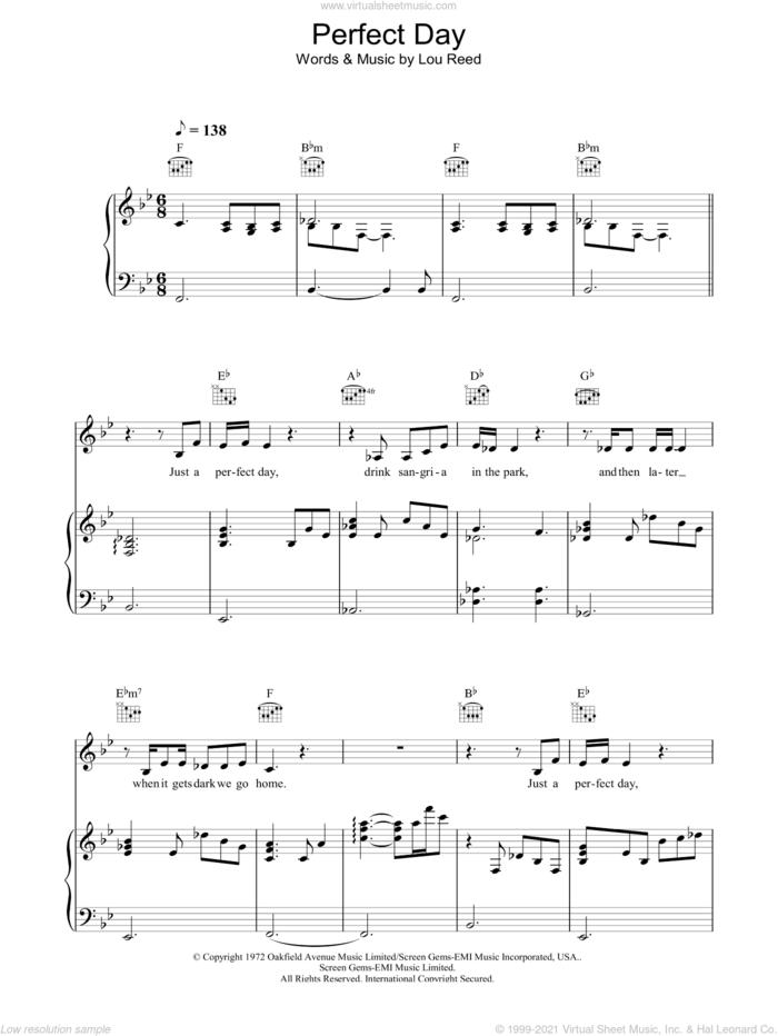 Perfect Day sheet music for voice, piano or guitar by Lou Reed, intermediate skill level