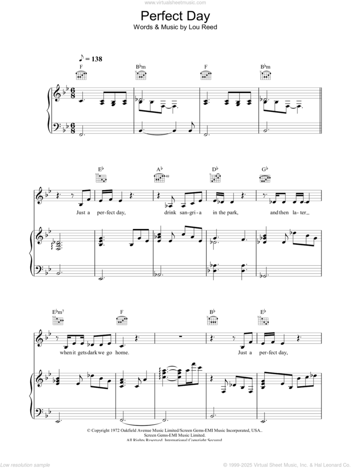 Perfect Day sheet music for voice, piano or guitar by Lou Reed, intermediate skill level