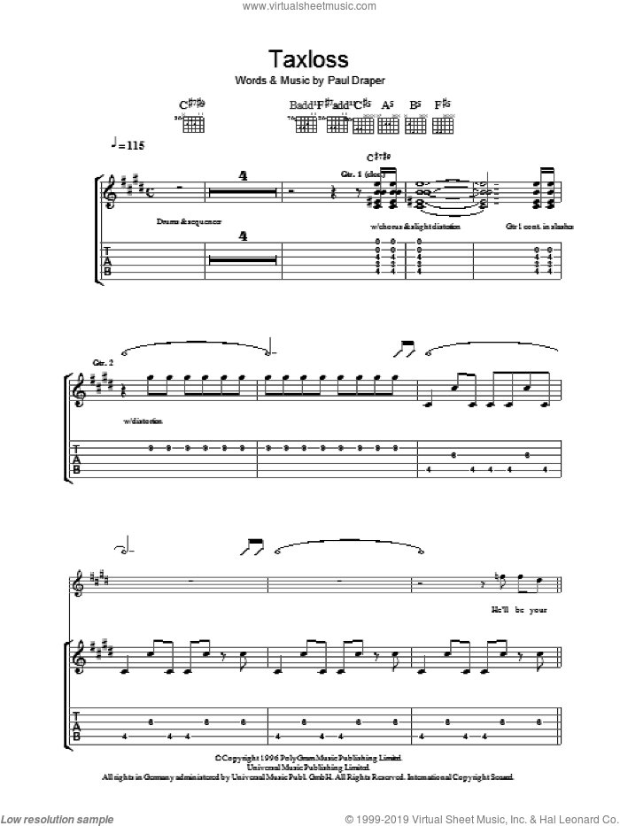 Taxloss sheet music for guitar (tablature) by Mansun and Paul Draper, intermediate skill level