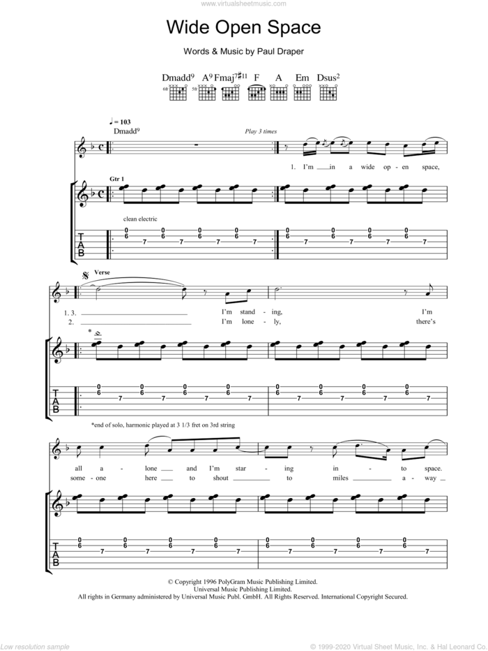 Wide Open Space sheet music for guitar (tablature) by Mansun and Paul Draper, intermediate skill level
