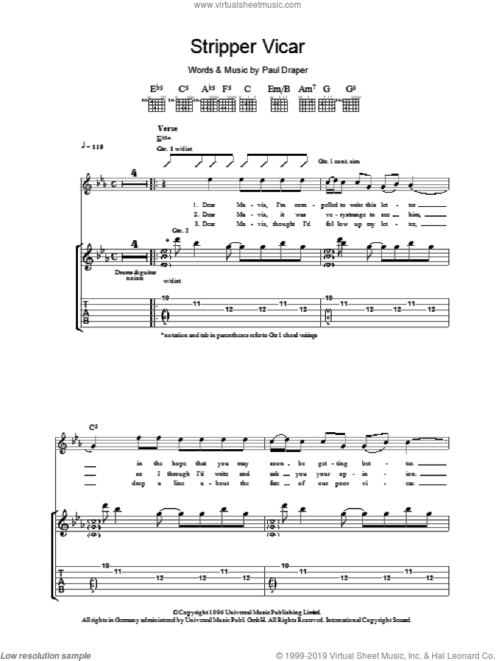 Stripper Vicar sheet music for guitar (tablature) by Mansun and Paul Draper, intermediate skill level