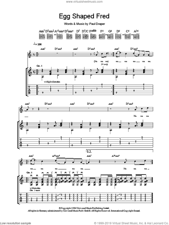 Egg Shaped Fred sheet music for guitar (tablature) by Mansun and Paul Draper, intermediate skill level