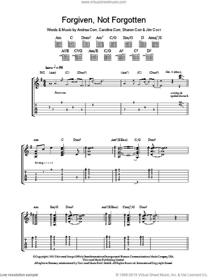 Forgiven, Not Forgotten sheet music for guitar (tablature) by The Corrs, Andrea Corr, Caroline Corr, Jim Corr and Sharon Corr, intermediate skill level