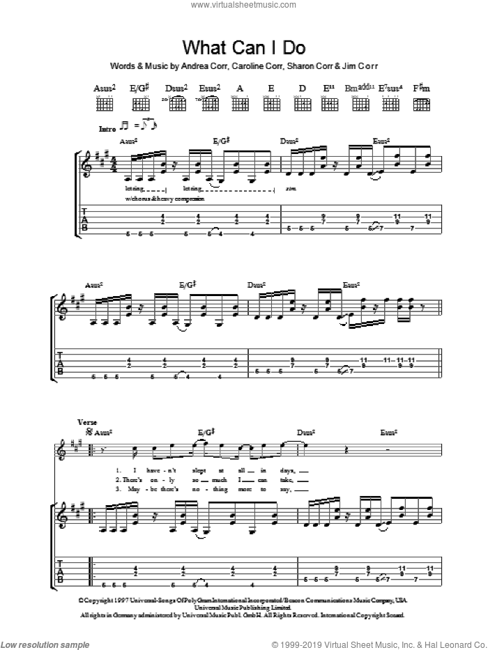 What Can I Do sheet music for guitar (tablature) by The Corrs, Andrea Corr, Caroline Corr, Jim Corr and Sharon Corr, intermediate skill level