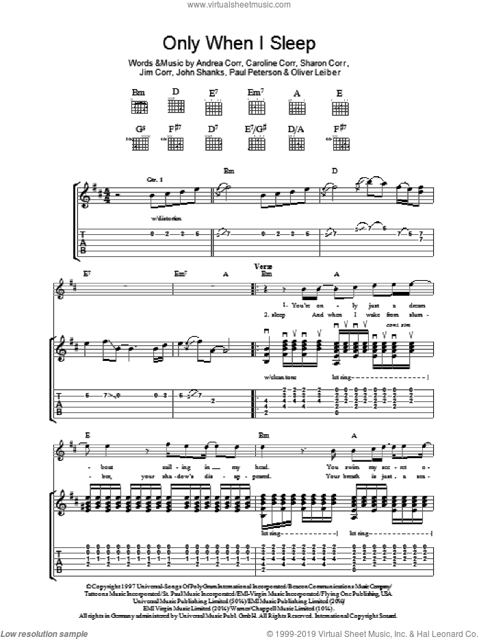Only When I Sleep sheet music for guitar (tablature) by The Corrs, Andrea Corr, Caroline Corr, Jim Corr, John Shanks, Oliver Leiber, Paul Peterson and Sharon Corr, intermediate skill level