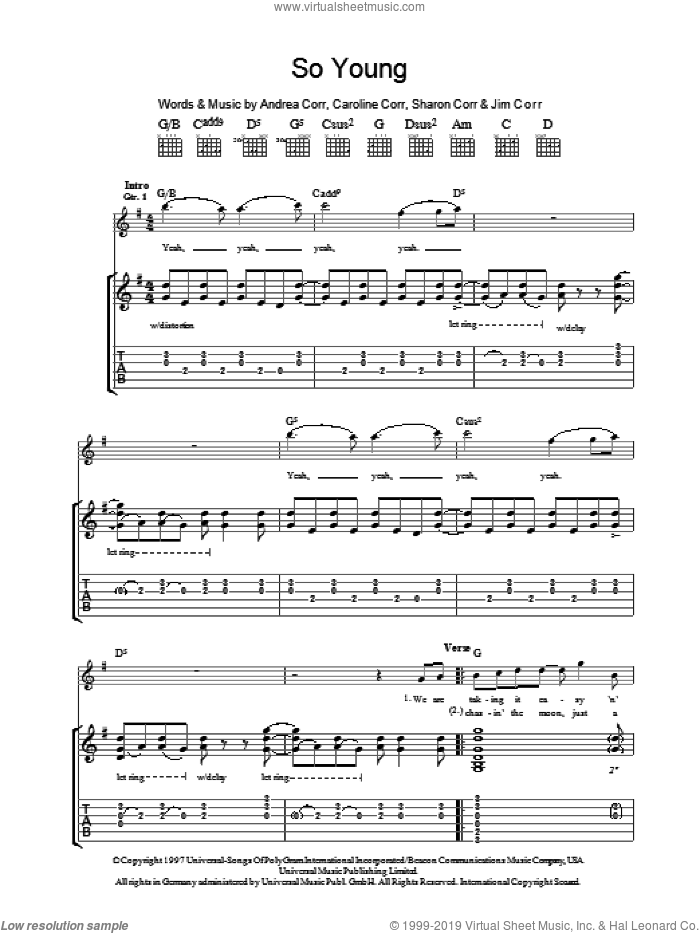 So Young sheet music for guitar (tablature) by The Corrs, Andrea Corr, Caroline Corr, Jim Corr and Sharon Corr, intermediate skill level