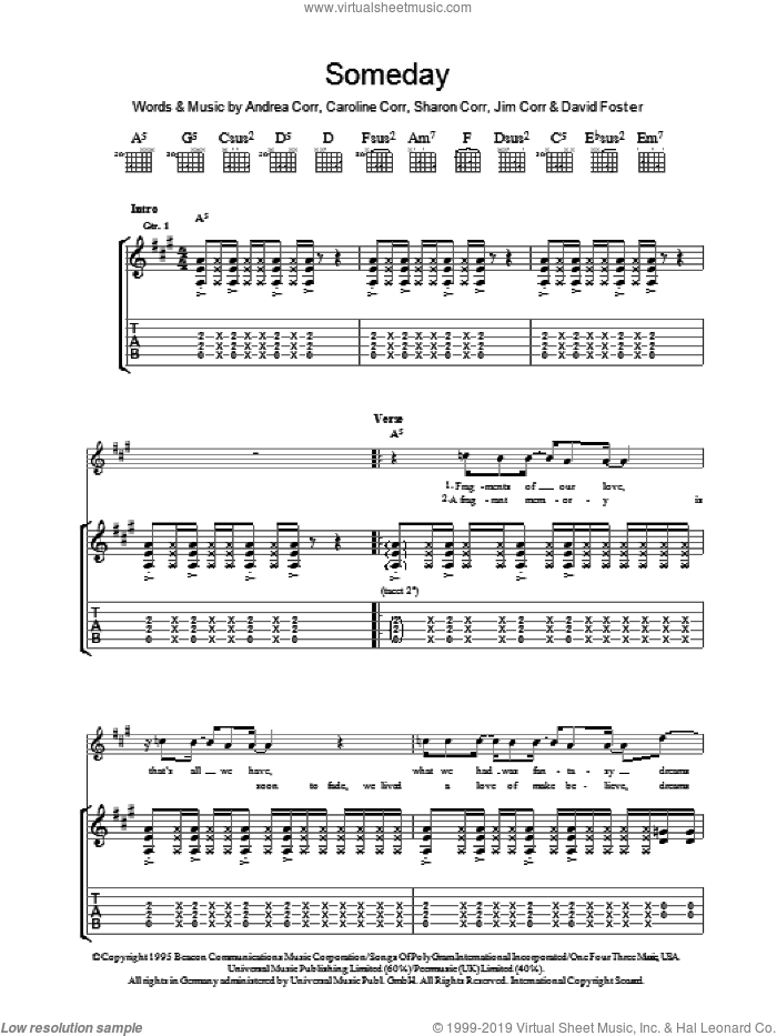 Someday sheet music for guitar (tablature) by The Corrs, Andrea Corr, Caroline Corr, David Foster, Jim Corr and Sharon Corr, intermediate skill level