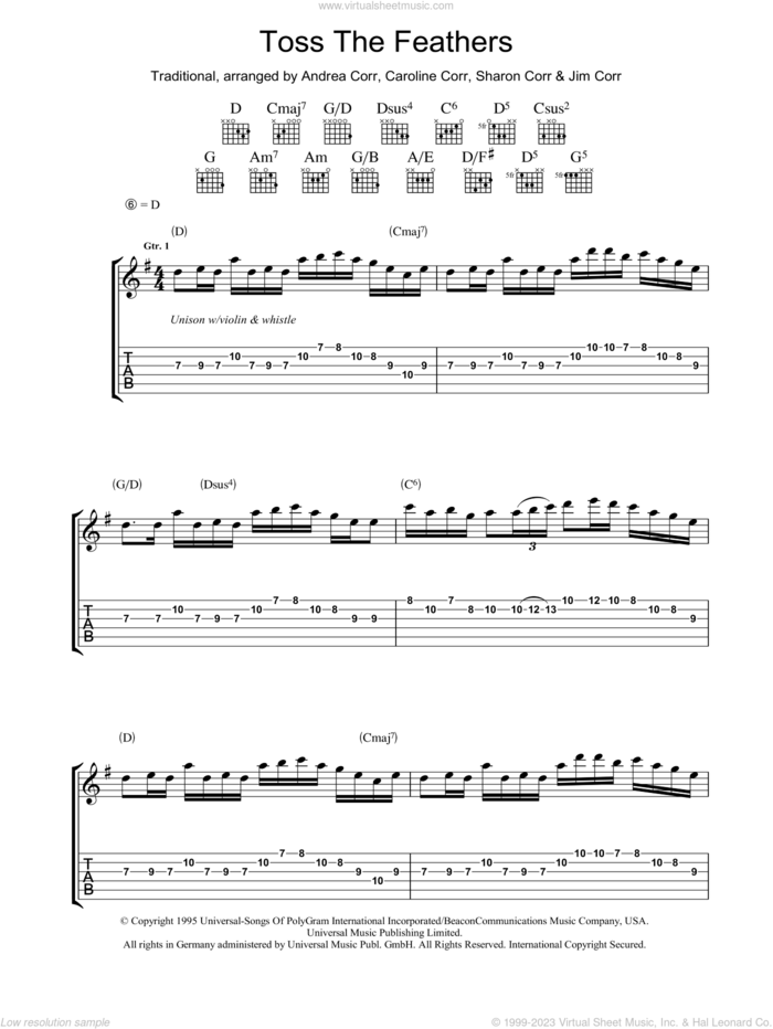 Toss The Feathers sheet music for guitar (tablature) by The Corrs, Andrea Corr, Caroline Corr, Jim Corr, Sharon Corr and Miscellaneous, intermediate skill level