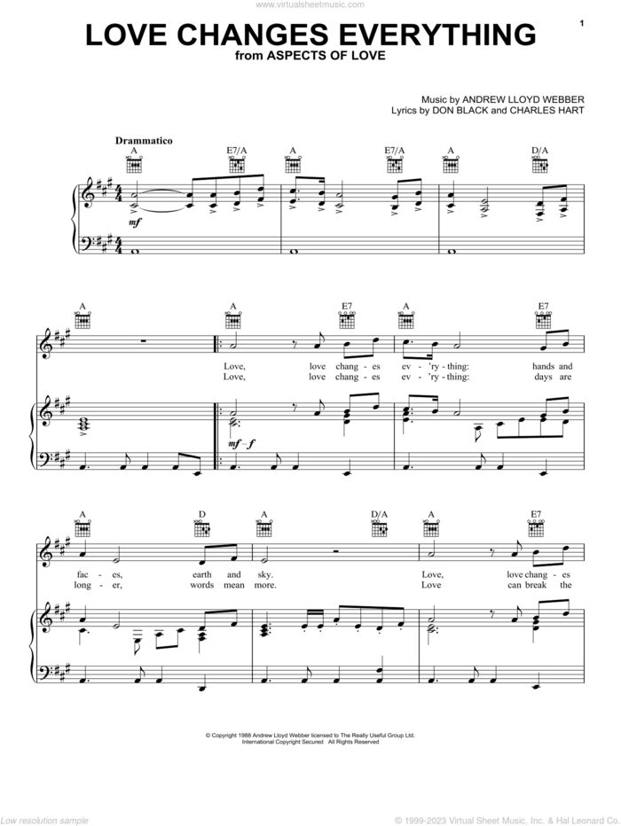 Love Changes Everything sheet music for voice, piano or guitar by Andrew Lloyd Webber, Aspects Of Love (Musical), Charles Hart and Don Black, intermediate skill level