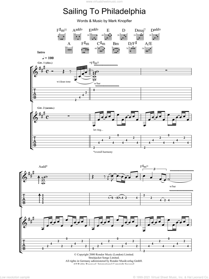 Sailing To Philadelphia sheet music for guitar (tablature) by Mark Knopfler, intermediate skill level
