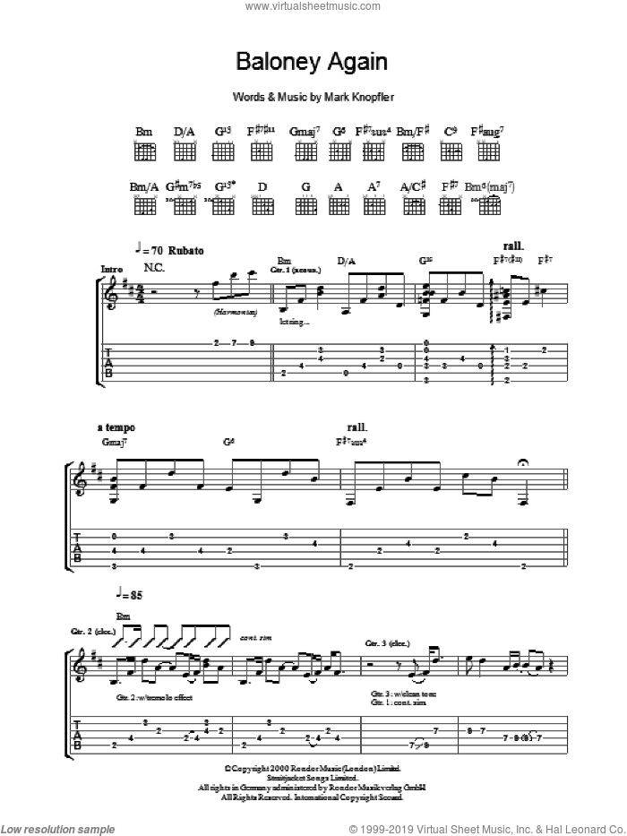 Baloney Again sheet music for guitar (tablature) by Mark Knopfler, intermediate skill level