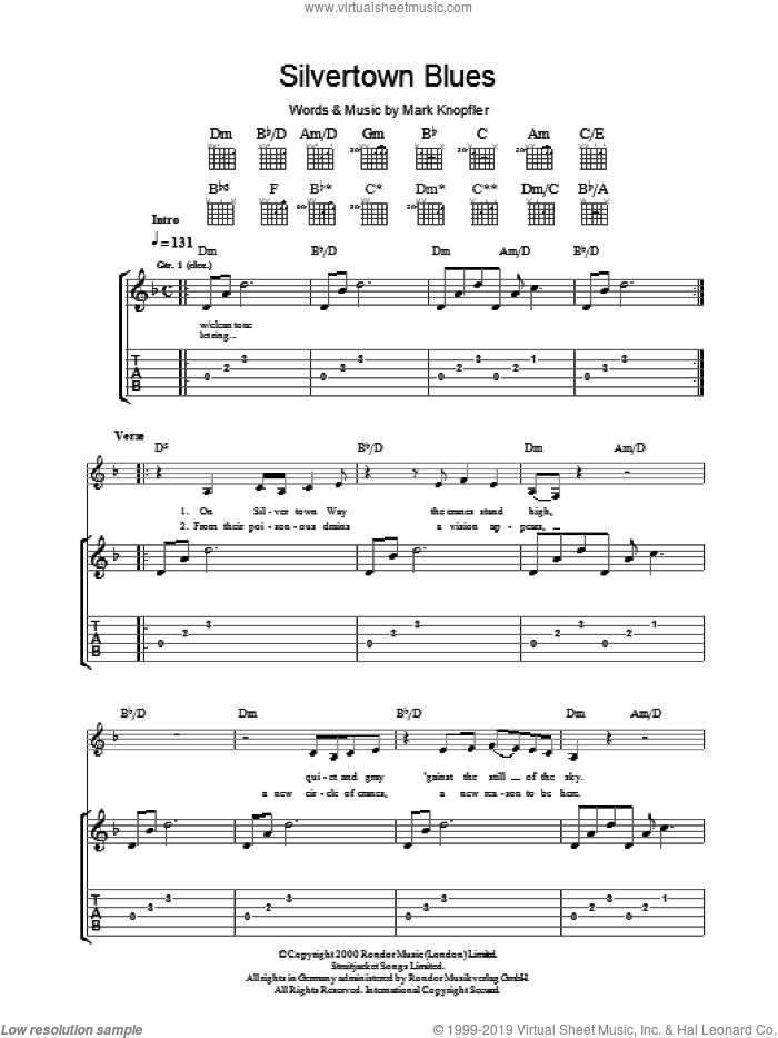 Silvertown Blues sheet music for guitar (tablature) by Mark Knopfler, intermediate skill level