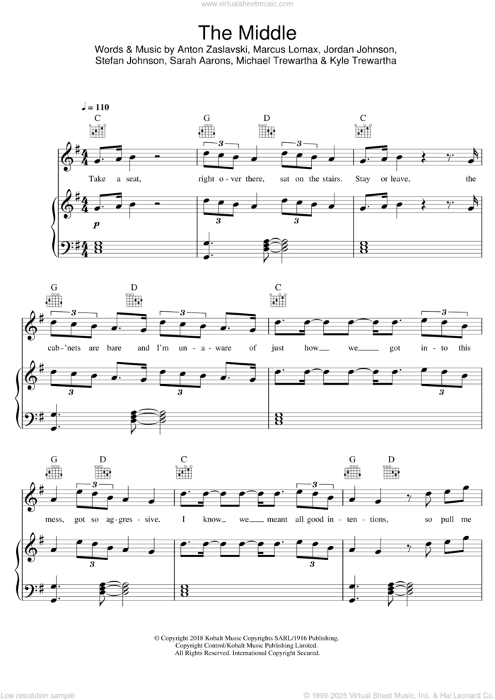 The Middle sheet music for voice, piano or guitar by GREY, Maren Morris, Zedd, Zedd, Maren Morris & Grey, Anton Zaslavski, Jordan Johnson, Kyle Trewartha, Marcus Lomax, Michael Trewartha, Sarah Aarons and Stefan Johnson, intermediate skill level