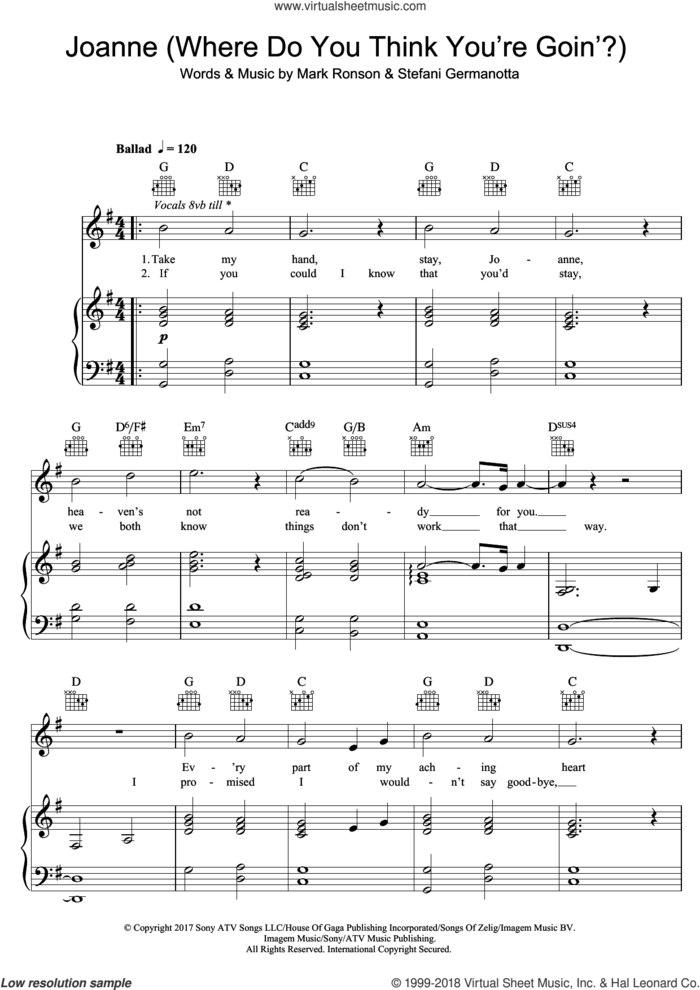 Joanne (Where Do You Think You're Goin'?) (piano version) sheet music for voice, piano or guitar by Lady Gaga and Mark Ronson, intermediate skill level