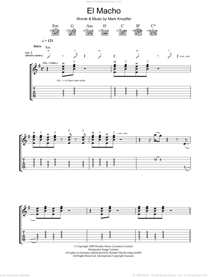 El Macho sheet music for guitar (tablature) by Mark Knopfler, intermediate skill level