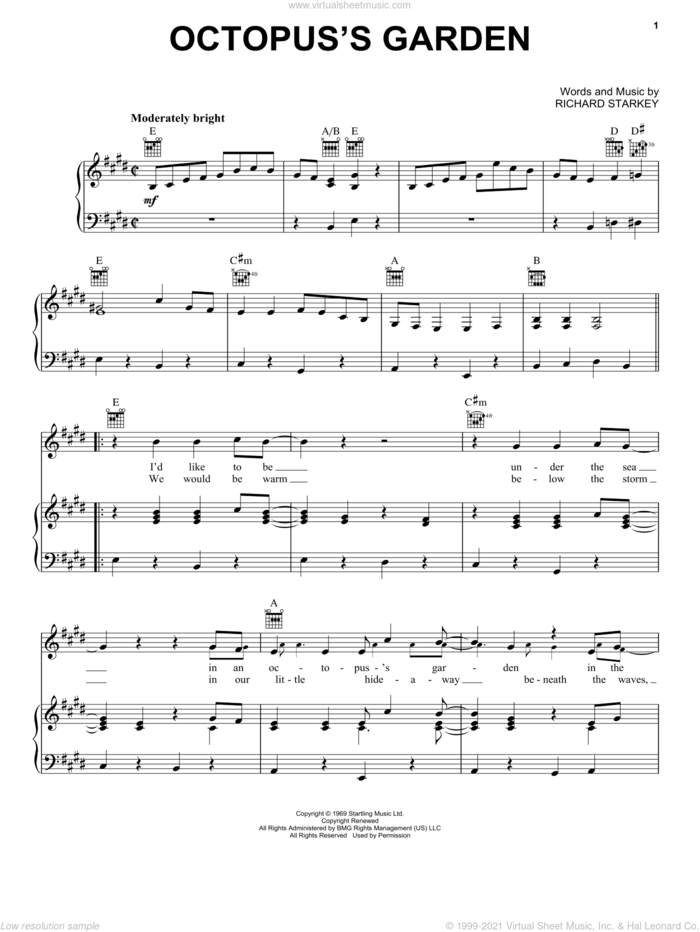 Octopus's Garden sheet music for voice, piano or guitar by The Beatles and Richard Starkey, intermediate skill level