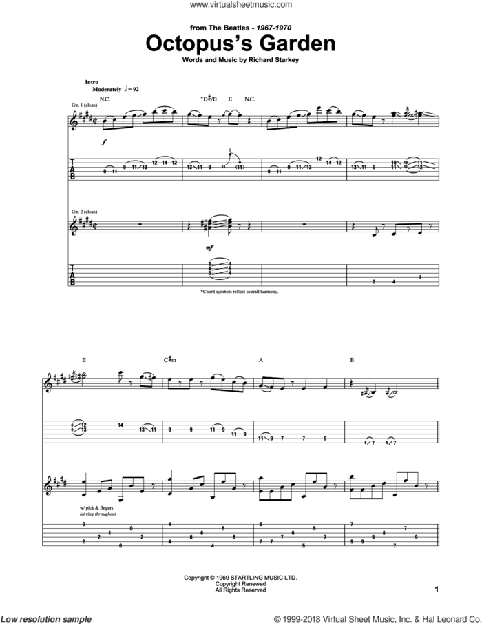 Octopus's Garden sheet music for guitar (tablature) by The Beatles and Richard Starkey, intermediate skill level