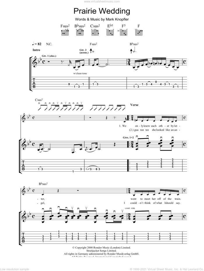 Prairie Wedding sheet music for guitar (tablature) by Mark Knopfler, intermediate skill level