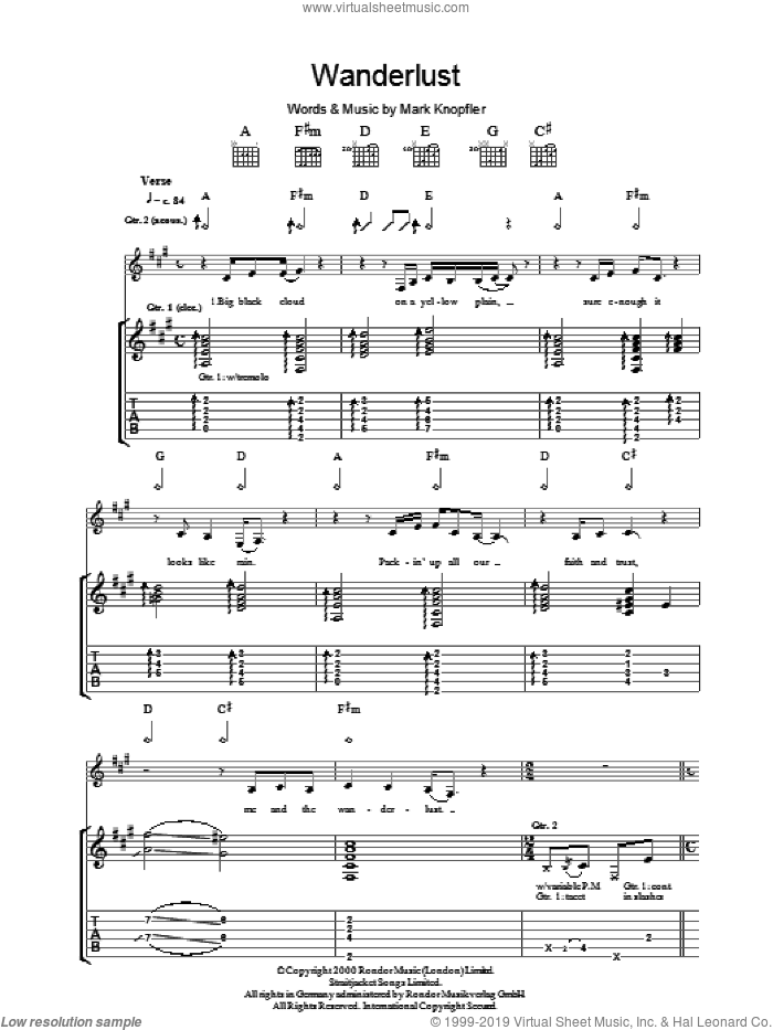 The Wanderlust sheet music for guitar (tablature) by Mark Knopfler, intermediate skill level