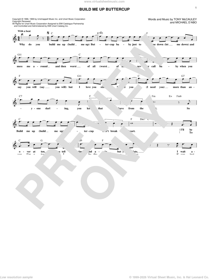 Build Me Up, Buttercup sheet music for voice and other instruments (fake book) by The Foundations and Tony MacAuley, intermediate skill level