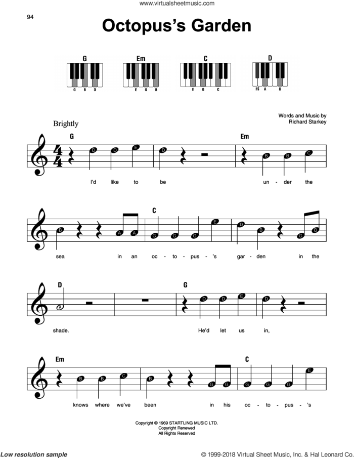 Octopus's Garden sheet music for piano solo by The Beatles and Richard Starkey, beginner skill level