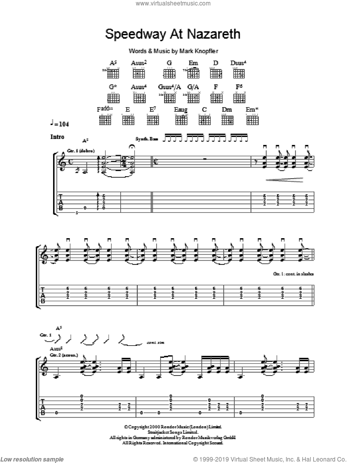 Speedway At Nazareth sheet music for guitar (tablature) by Mark Knopfler, intermediate skill level