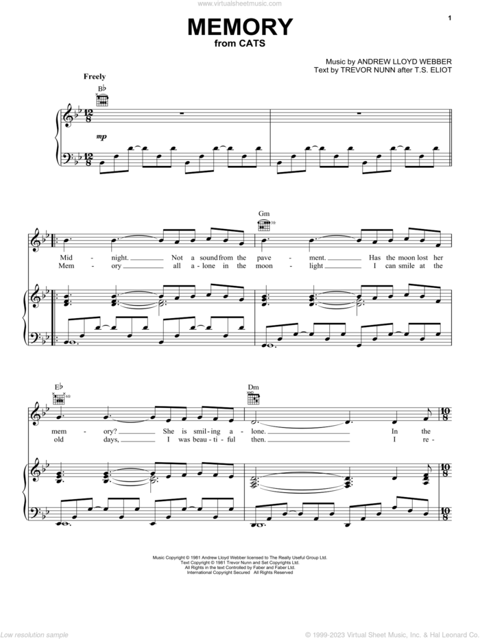 Memory (from Cats) sheet music for voice, piano or guitar by Andrew Lloyd Webber, Barbra Streisand, Cats (Musical), T.S. Eliot and Trevor Nunn, intermediate skill level