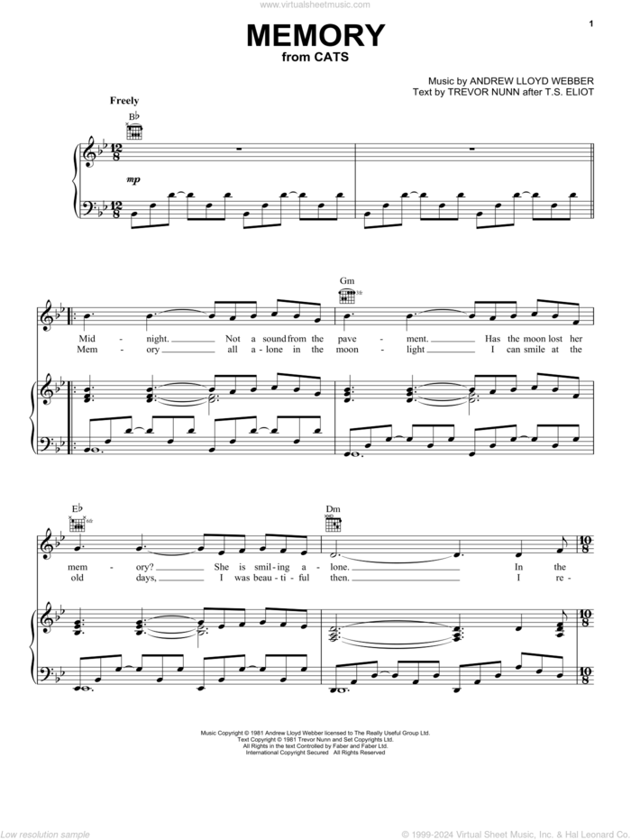 Memory (from Cats) sheet music for voice, piano or guitar by Andrew Lloyd Webber, Barbra Streisand, Cats (Musical), T.S. Eliot and Trevor Nunn, intermediate skill level