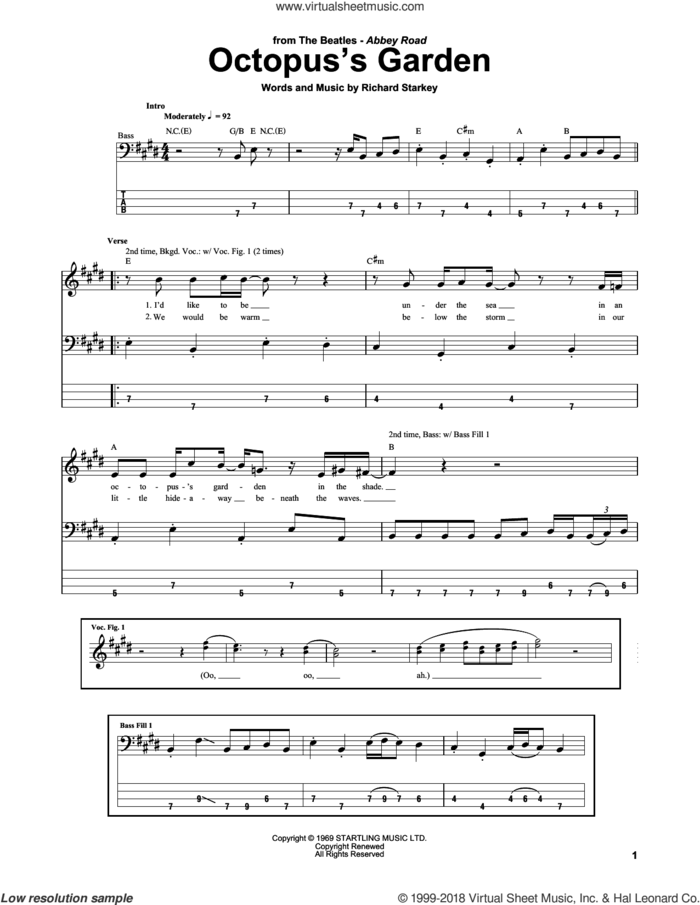 Octopus's Garden sheet music for bass (tablature) (bass guitar) by The Beatles and Richard Starkey, intermediate skill level
