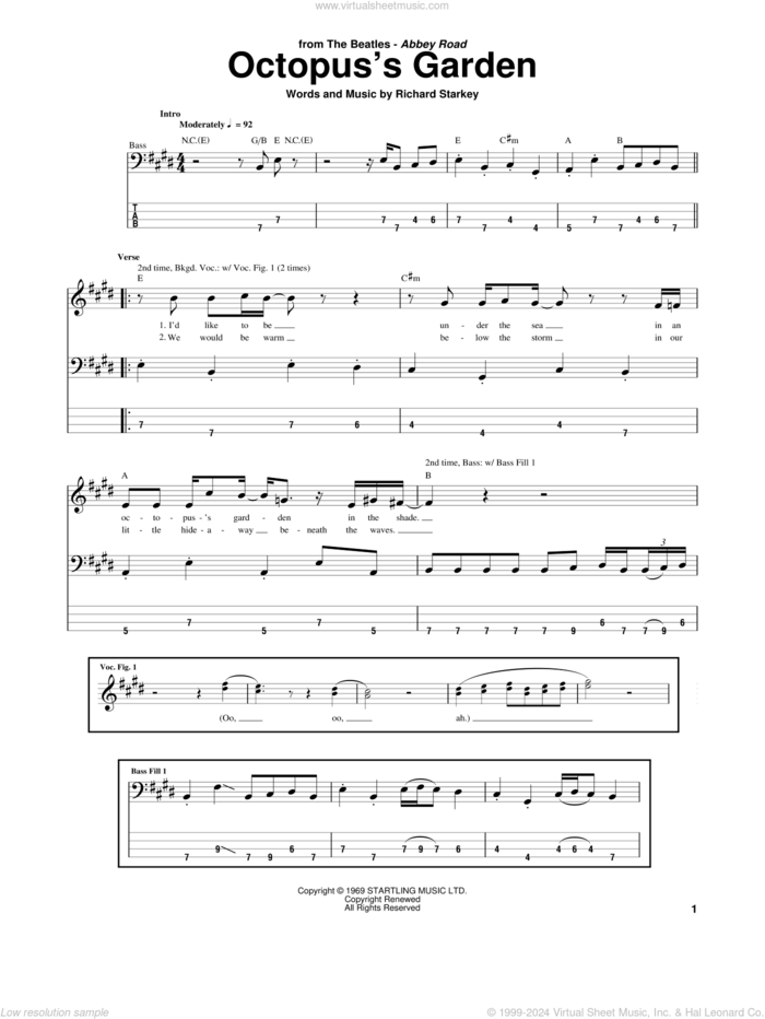 Octopus's Garden sheet music for bass (tablature) (bass guitar) by The Beatles and Richard Starkey, intermediate skill level