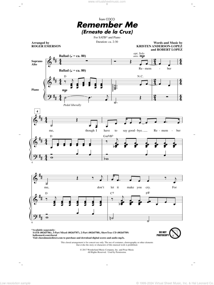 Remember Me (Ernesto de la Cruz) (from Coco) (arr. Roger Emerson) sheet music for choir (SATB: soprano, alto, tenor, bass) by Robert Lopez, Roger Emerson, Kristen Anderson-Lopez and Kristen Anderson-Lopez & Robert Lopez, intermediate skill level