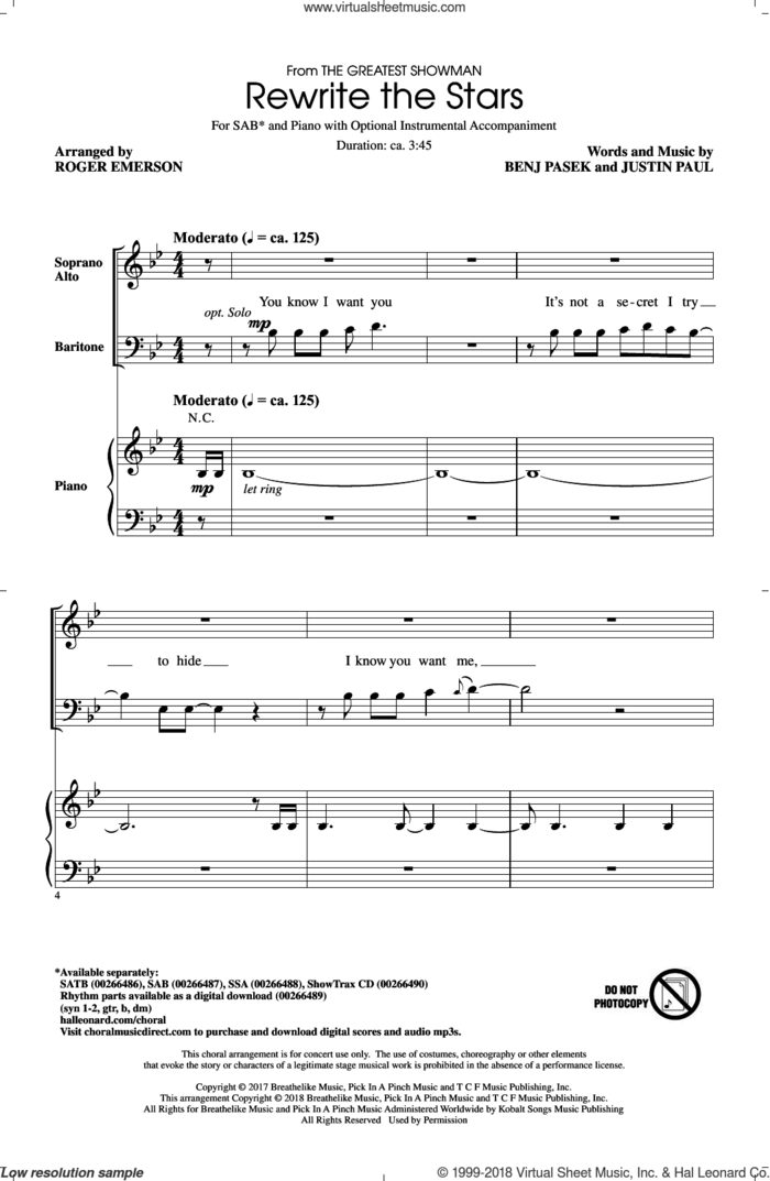 Rewrite The Stars (arr. Roger Emerson) sheet music for choir (SAB: soprano, alto, bass) by Benj Pasek, Roger Emerson, Zac Efron & Zendaya, Justin Paul and Pasek & Paul, intermediate skill level