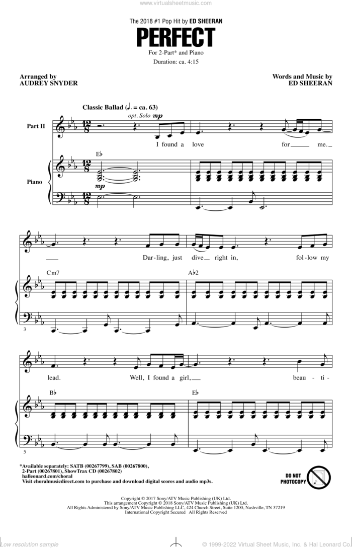 Perfect sheet music for choir (2-Part) by Ed Sheeran and Audrey Snyder, wedding score, intermediate duet