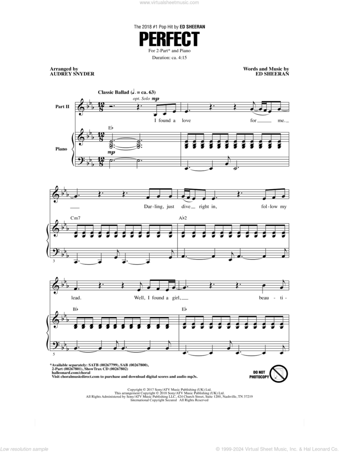 Perfect sheet music for choir (2-Part) by Ed Sheeran and Audrey Snyder, wedding score, intermediate duet