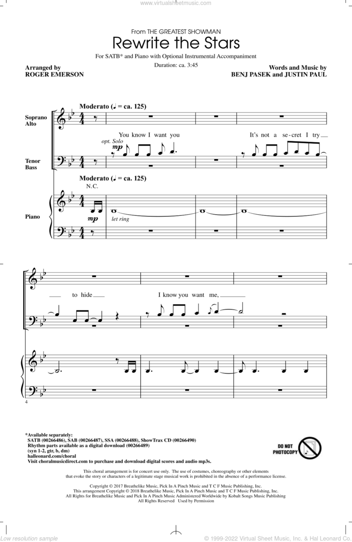 Rewrite The Stars (arr. Roger Emerson) sheet music for choir (SATB: soprano, alto, tenor, bass) by Pasek & Paul, Roger Emerson, Zac Efron & Zendaya, Benj Pasek and Justin Paul, intermediate skill level