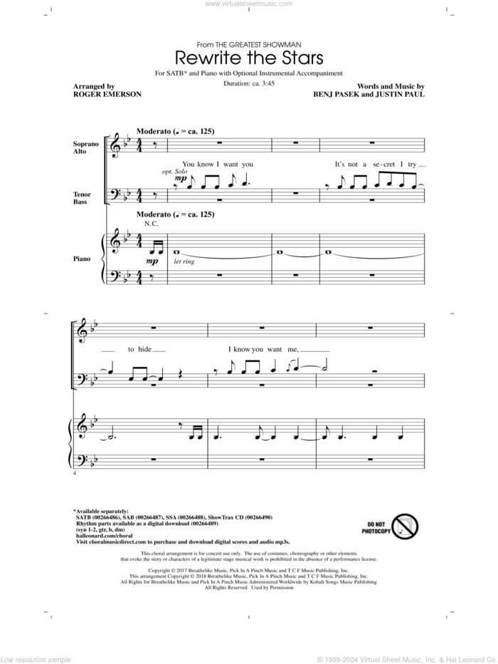 Rewrite The Stars (arr. Roger Emerson) sheet music for choir (SATB: soprano, alto, tenor, bass) by Pasek & Paul, Roger Emerson, Zac Efron & Zendaya, Benj Pasek and Justin Paul, intermediate skill level