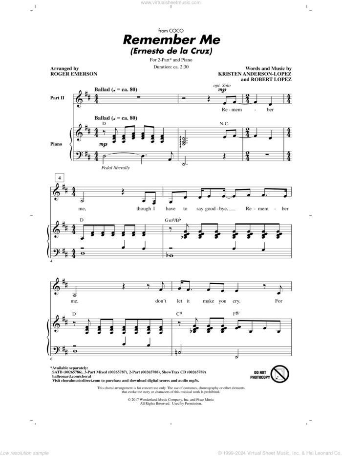 Remember Me (Ernesto de la Cruz) (from Coco) (arr. Roger Emerson) sheet music for choir (2-Part) by Robert Lopez, Roger Emerson, Kristen Anderson-Lopez and Kristen Anderson-Lopez & Robert Lopez, intermediate duet