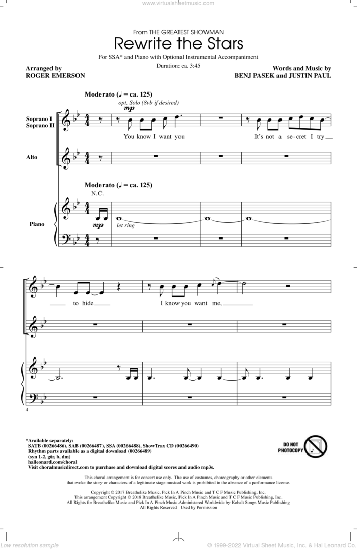 Rewrite The Stars (arr. Roger Emerson) sheet music for choir (SSA: soprano, alto) by Benj Pasek, Roger Emerson, Zac Efron & Zendaya and Justin Paul, intermediate skill level