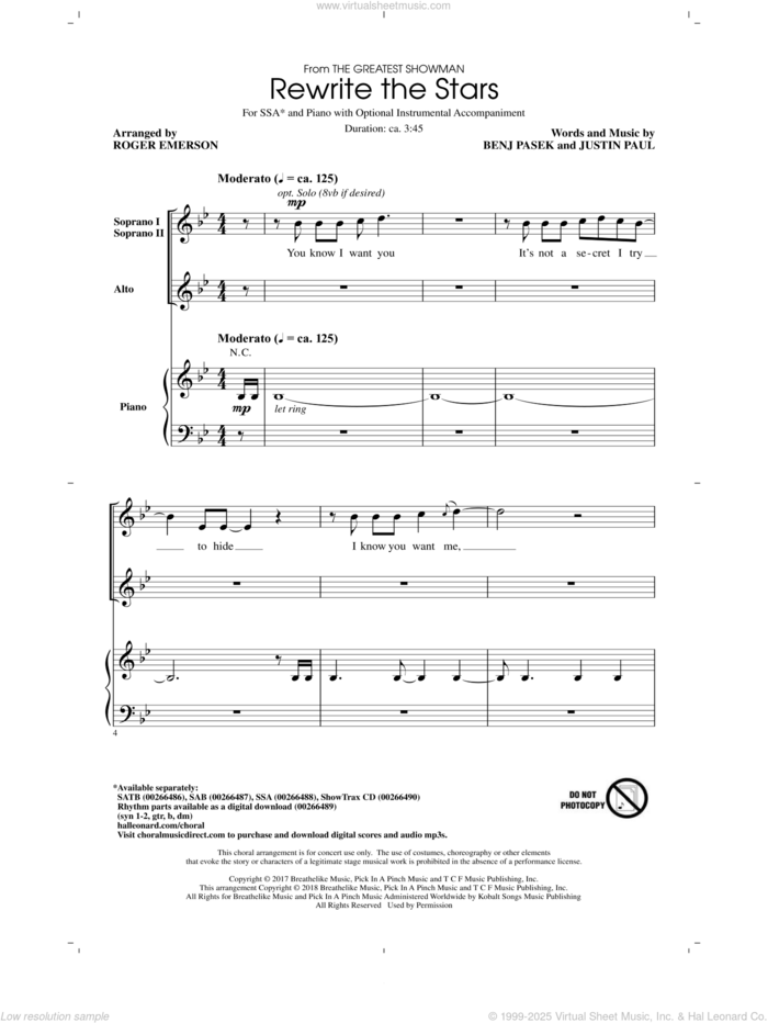 Rewrite The Stars (arr. Roger Emerson) sheet music for choir (SSA: soprano, alto) by Roger Emerson, Zac Efron & Zendaya, Benj Pasek and Justin Paul, intermediate skill level