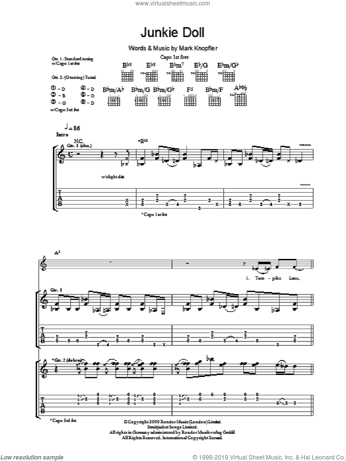 Junkie Doll sheet music for guitar (tablature) by Mark Knopfler, intermediate skill level
