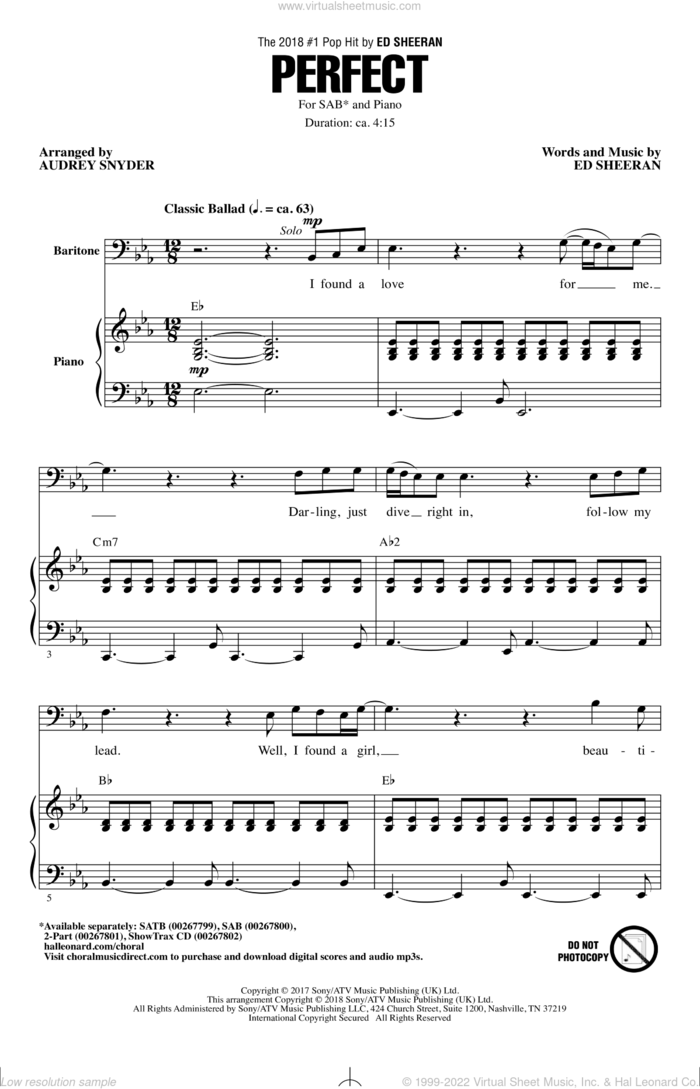 Perfect sheet music for choir (SAB: soprano, alto, bass) by Ed Sheeran and Audrey Snyder, wedding score, intermediate skill level