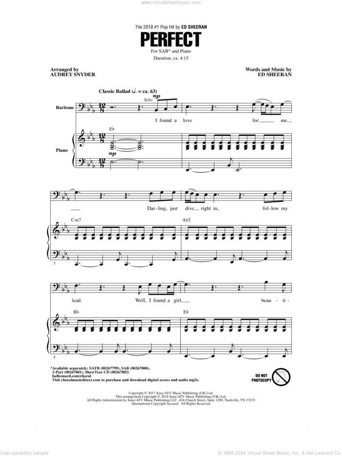 Perfect sheet music for choir (SAB: soprano, alto, bass) by Ed Sheeran and Audrey Snyder, wedding score, intermediate skill level